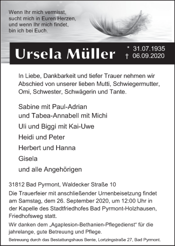 Traueranzeige von Ursela Müller von Deister- und Weserzeitung