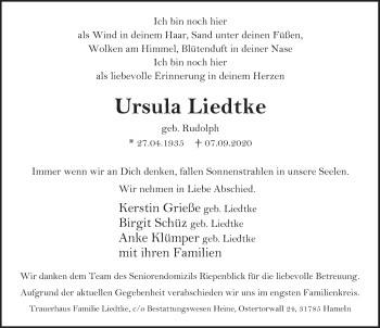 Traueranzeige von Ursula Liedtke von Deister- und Weserzeitung