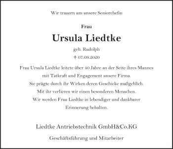 Traueranzeige von Ursula Liedtke von Deister- und Weserzeitung