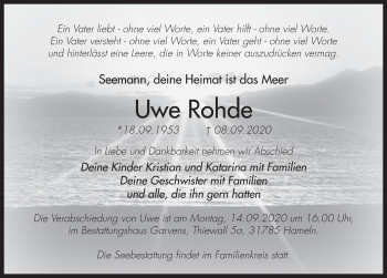Traueranzeige von Uwe Rohde von Deister- und Weserzeitung