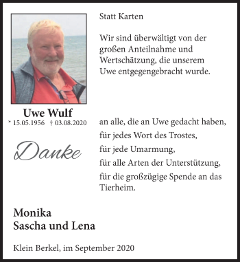Traueranzeige von Uwe Wulf von Deister- und Weserzeitung