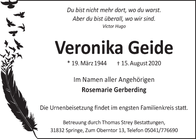  Traueranzeige für Veronika Geide vom 12.09.2020 aus Neue Deister-Zeitung