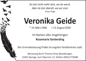 Traueranzeige von Veronika Geide von Neue Deister-Zeitung