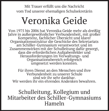 Traueranzeige von Veronika Geide von Deister- und Weserzeitung