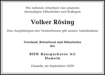 Traueranzeige von Volker Rösing von Deister- und Weserzeitung