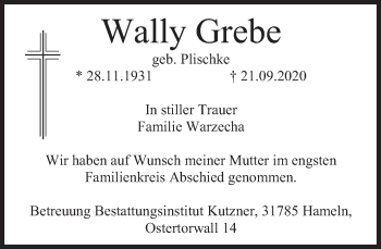 Traueranzeige von Wally Grebe von Deister- und Weserzeitung