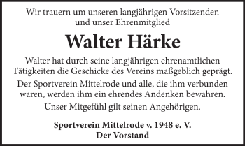 Traueranzeige von Walter Härke von Neue Deister-Zeitung