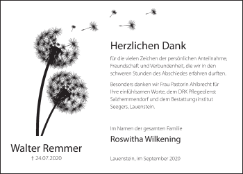 Traueranzeige von Walter Remmer von Deister- und Weserzeitung