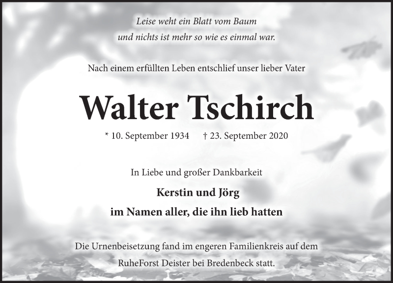  Traueranzeige für Walter Tschirch vom 02.10.2020 aus Neue Deister-Zeitung