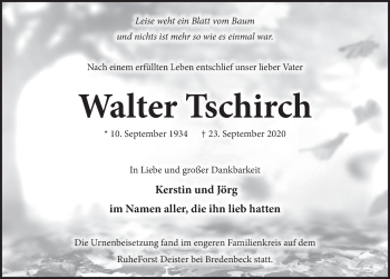 Traueranzeige von Walter Tschirch von Neue Deister-Zeitung