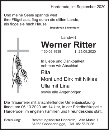 Traueranzeige von Werner Ritter von Deister- und Weserzeitung