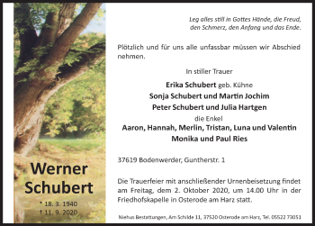 Traueranzeige von Werner Schubert von Deister- und Weserzeitung