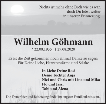 Traueranzeige von Wilhelm Göhmann von Deister- und Weserzeitung