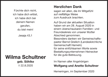 Traueranzeige von Wilma Schultner von Deister- und Weserzeitung