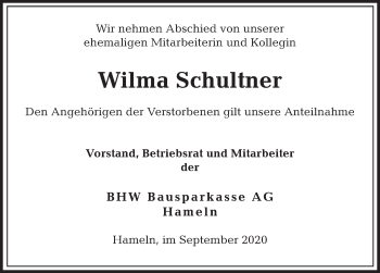 Traueranzeige von Wilma Schultner von Deister- und Weserzeitung