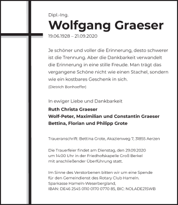 Traueranzeige von Wolfgang Graeser von Deister- und Weserzeitung