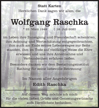 Traueranzeige von Wolfgang Raschka von Neue Deister-Zeitung
