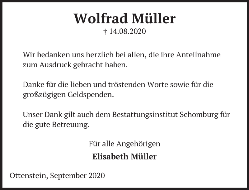  Traueranzeige für Wolfrad Müller vom 19.09.2020 aus Deister- und Weserzeitung