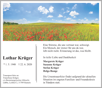 Traueranzeige von Lothar Krüger von Deister- und Weserzeitung