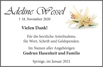 Traueranzeige von Adeline Wessel von Neue Deister-Zeitung