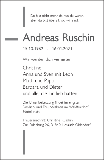 Traueranzeige von Andreas Ruschin von Deister- und Weserzeitung
