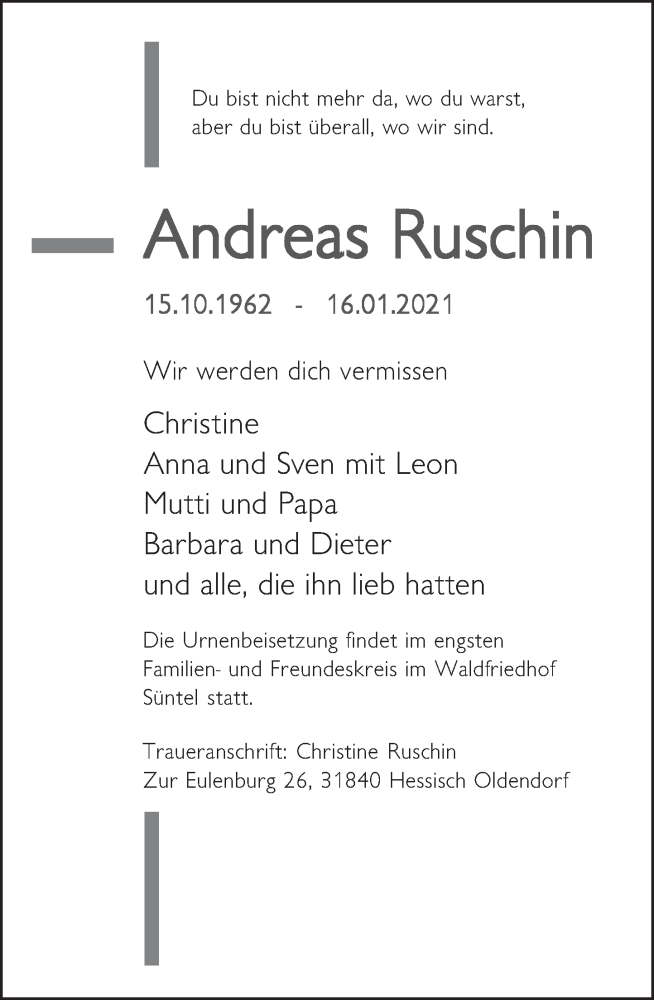  Traueranzeige für Andreas Ruschin vom 23.01.2021 aus Deister- und Weserzeitung