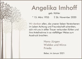 Traueranzeige von Angelika Imhoff von Neue Deister-Zeitung