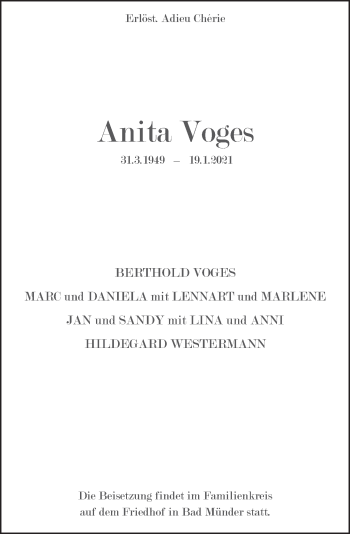 Traueranzeige von Anita Voges von Neue Deister-Zeitung
