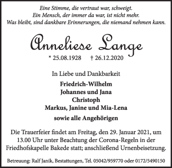 Traueranzeige von Anneliese Lange von Neue Deister-Zeitung