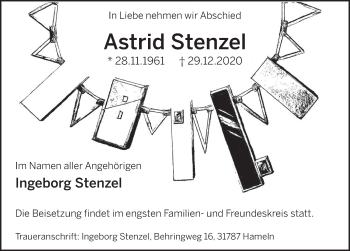 Traueranzeige von Astrid Stenzel von Deister- und Weserzeitung