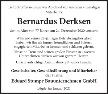 Traueranzeige von Bernardus Derksen von Deister- und Weserzeitung