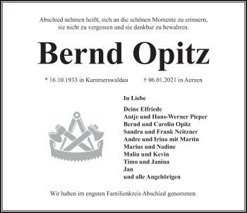 Traueranzeige von Bernd Opitz von Deister- und Weserzeitung
