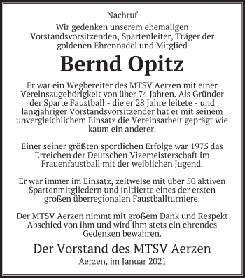 Traueranzeige von Bernd Opitz von Deister- und Weserzeitung