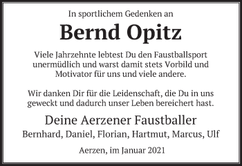 Traueranzeige von Bernd Opitz von Deister- und Weserzeitung