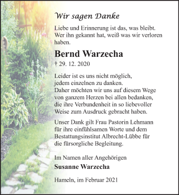 Traueranzeige von Bernd Warzecha von Deister- und Weserzeitung