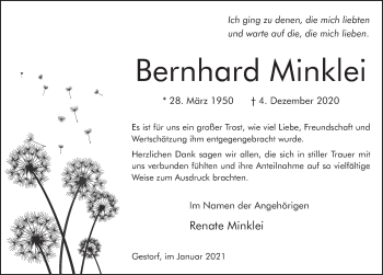 Traueranzeige von Bernhard Minklei von Neue Deister-Zeitung