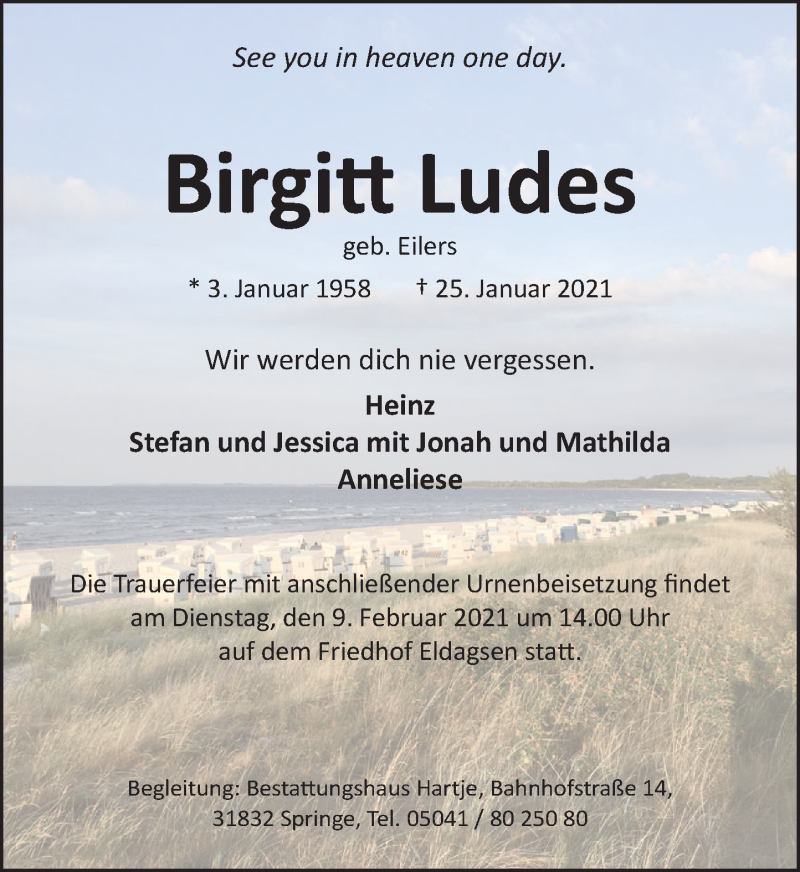  Traueranzeige für Birgitt Ludes vom 30.01.2021 aus Neue Deister-Zeitung