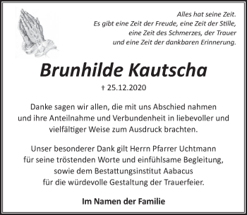 Traueranzeige von Brunhilde Kautscha von Neue Deister-Zeitung