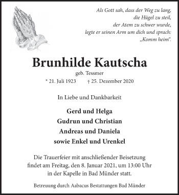 Traueranzeige von Brunhilde Kautscha von Neue Deister-Zeitung