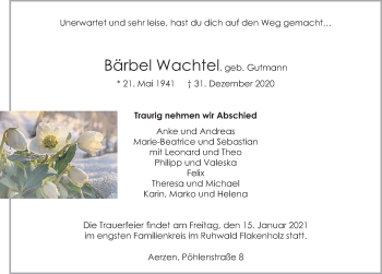 Traueranzeige von Bärbel Wachtel von Deister- und Weserzeitung