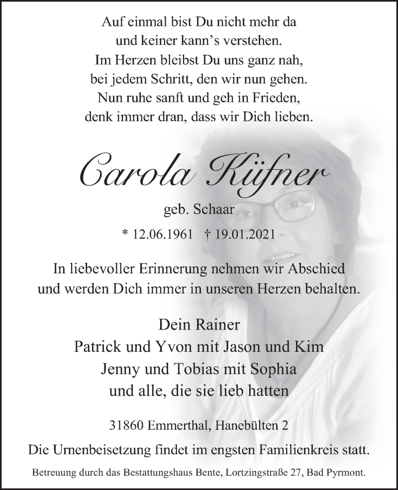  Traueranzeige für Carola Küfner vom 23.01.2021 aus Deister- und Weserzeitung