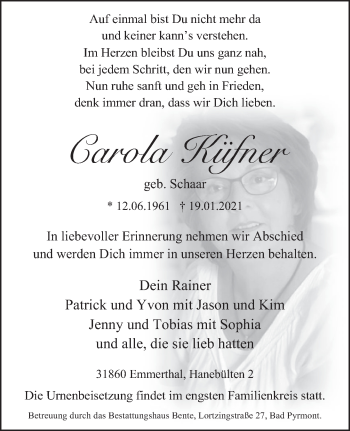 Traueranzeige von Carola Küfner von Deister- und Weserzeitung