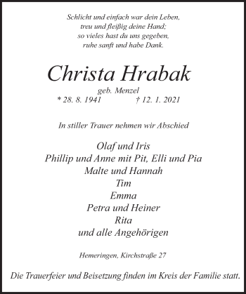 Traueranzeige von Christa Hrabak von Deister- und Weserzeitung