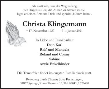 Traueranzeige von Christa Klingemann von Neue Deister-Zeitung