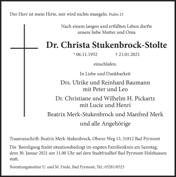 Traueranzeige von Christa Stukenbrock-Stolte von Deister- und Weserzeitung