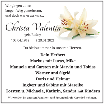 Traueranzeige von Christa Valentin von Neue Deister-Zeitung