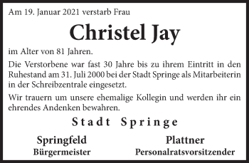Traueranzeige von Christel Jay von Neue Deister-Zeitung