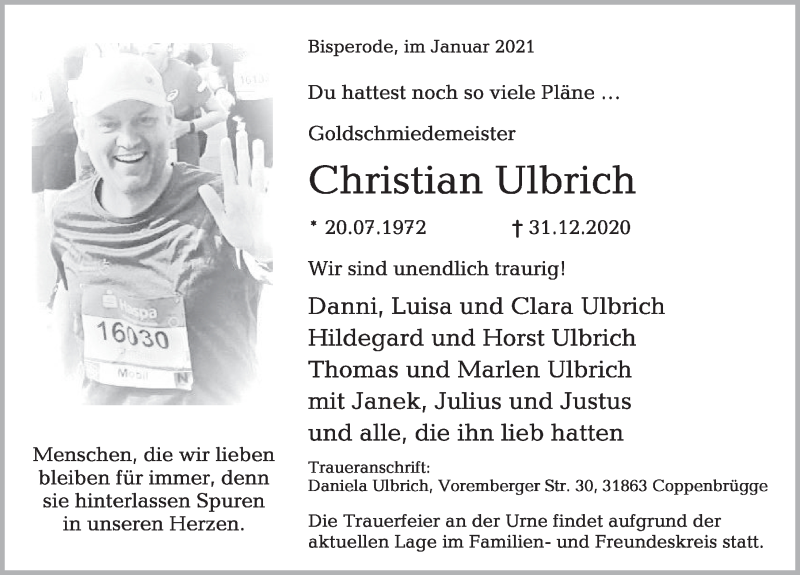  Traueranzeige für Christian Ulbrich vom 09.01.2021 aus Deister- und Weserzeitung