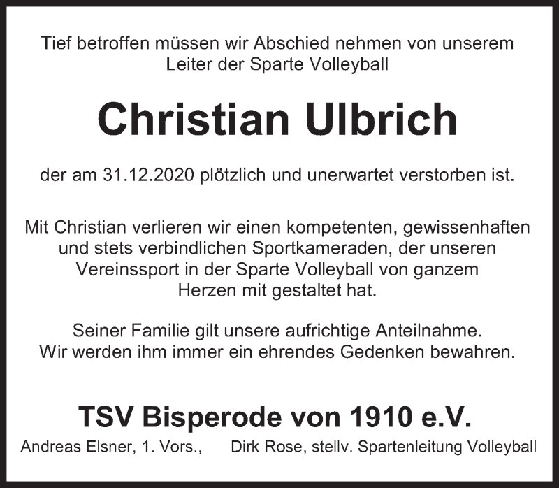  Traueranzeige für Christian Ulbrich vom 09.01.2021 aus Deister- und Weserzeitung