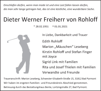 Traueranzeige von Dieter Werner  von Rohloff von Deister- und Weserzeitung